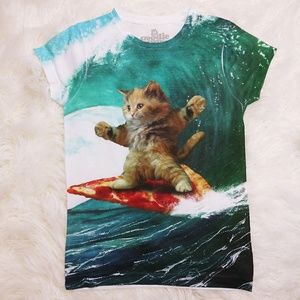 Buckle Goodie Two Shoes Cat Riding Pizza Shirt Med